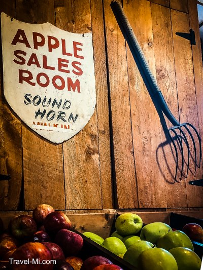 Apples Sales Room sign and apples for sale
