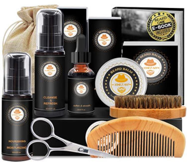 Beard Grooming Kit w/Beard Conditioner, Oil, Balm, Brush, Shampoo/Wash, Comb, Scissors