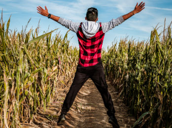 Map standing in corn field with arms outstretched