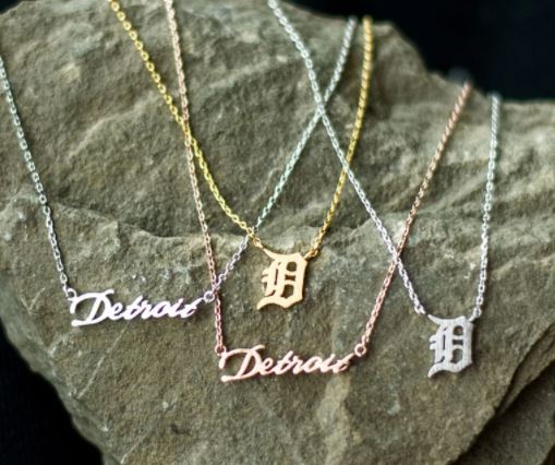 Detroit Script and Detroit Tigers necklaces