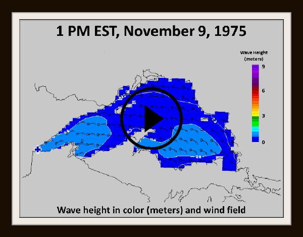 The animated path from port to the sinking of the Edmund Fitzgerald with Weather conditions.  Follow the "BLUE" "X" from West Lake Superior to East Lake Superior.
