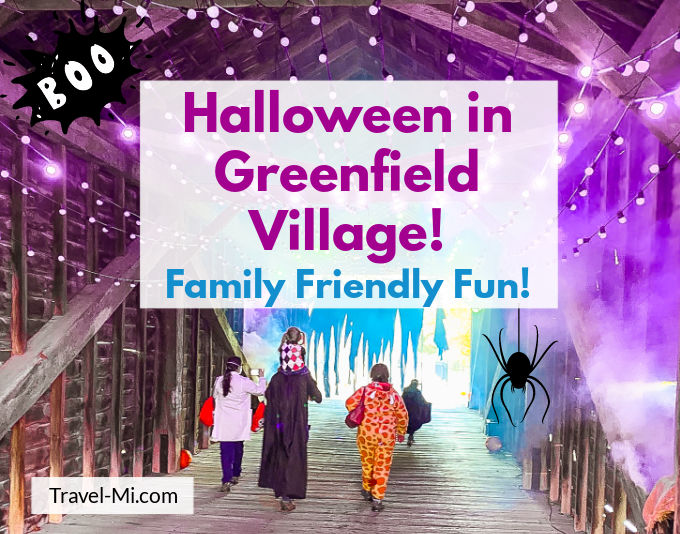 Spooky bridge with purple lights at Halloween Greenfield Village