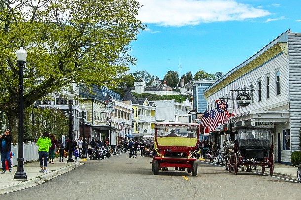 Mackinac Island Street View with Horse Carriages