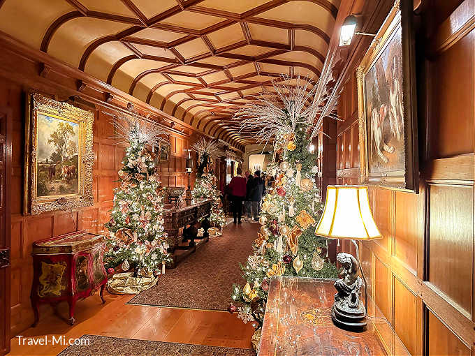 Meadow Brook Hall decorated for Christmas with trees.