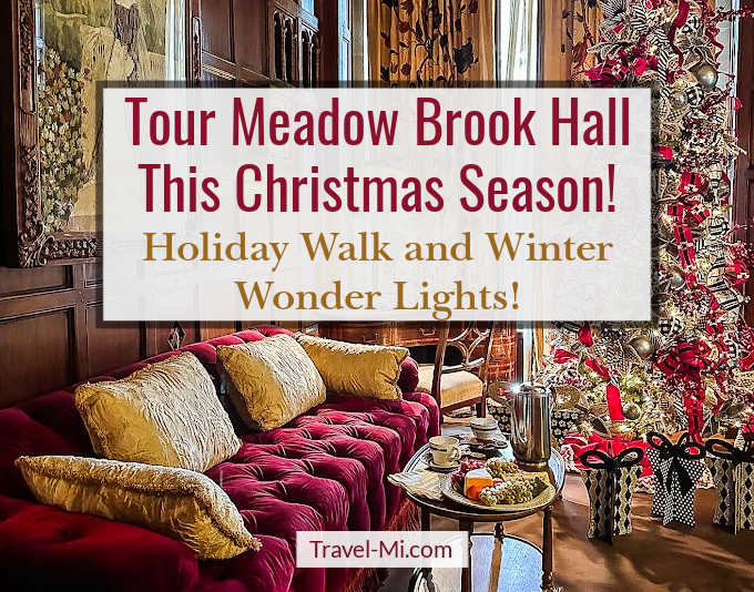 Room inside Meadow Brook Hall with a red velvet couch and decorated Christmas tree