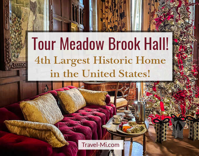 Ruby Red Couch, Drapes and Art Work in Meadow Brook Hall