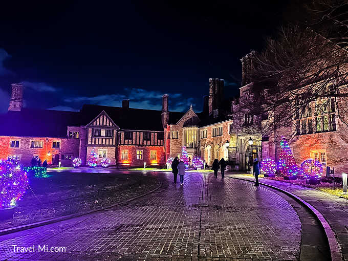 Meadow Brook Hall at night lit for Christmas