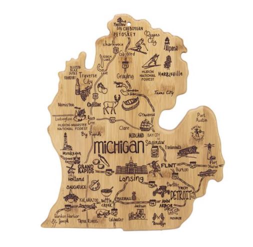 Michigan Shaped Cutting Board with City  Destinations