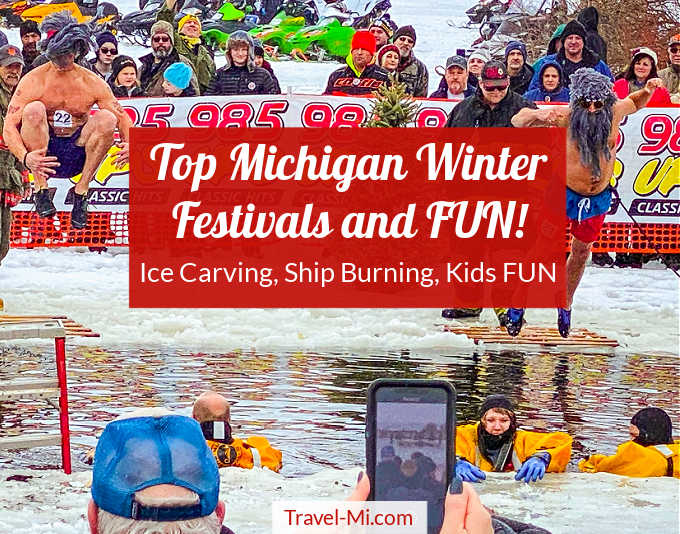 Winter festivals - people jumping in icy water during Polar Ice Plunge