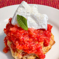 Michigan Strawberry Shortcake on a while plate with Coolwhip