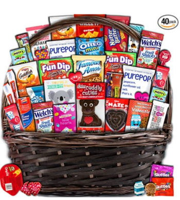Valentine's Day Gift Basket Filled with Snacks and Treats