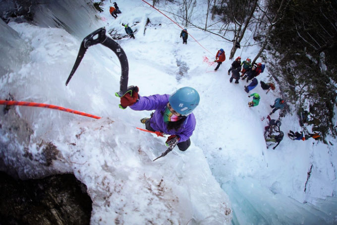 Michigan Ice Festival with people climbing ice