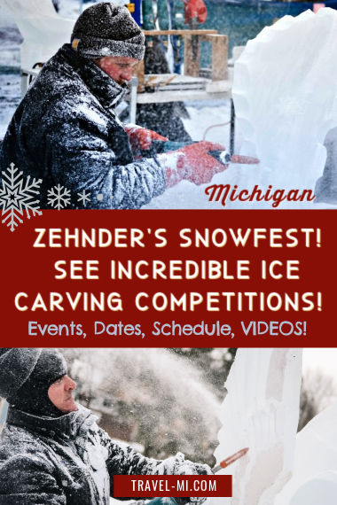 Zehnders Snow Festival Ice Carvers creating large art piece